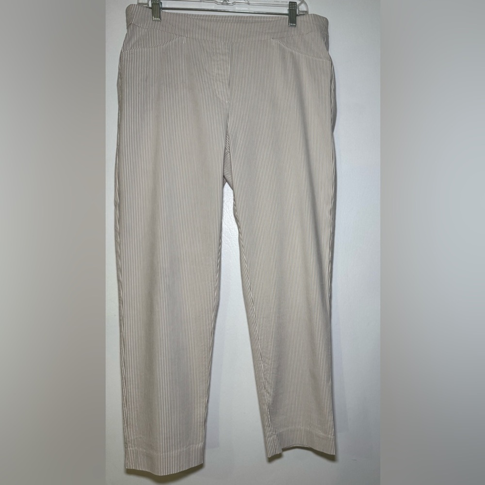 Zac & Rachel Ankle Pull on High Rise Pants Thin Vertical Beige/Cream Stripes S12 - Picture 2 of 9